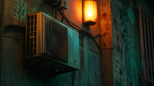 external air conditioner unit in a dark alley