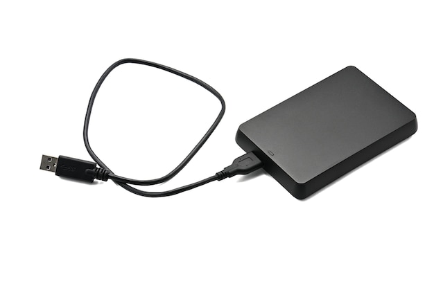 External hard drive for storing and transferring various files on a white background