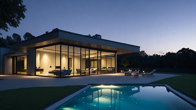 External view of a contemporary house with pool at dusk