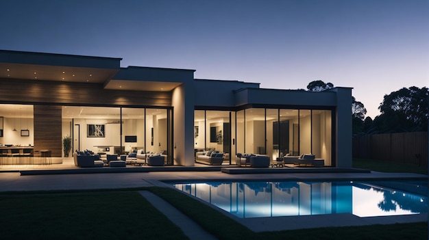 Photo external view of a contemporary house with pool at dusk