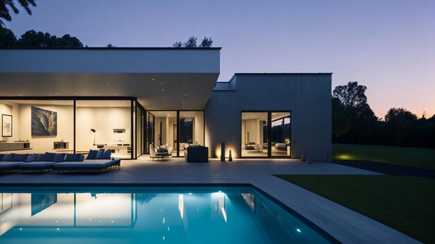 External view of a contemporary house with pool at dusk