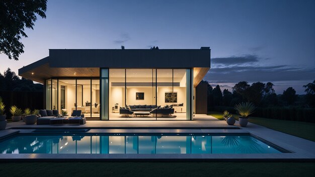 External view of a contemporary house with pool at dusk