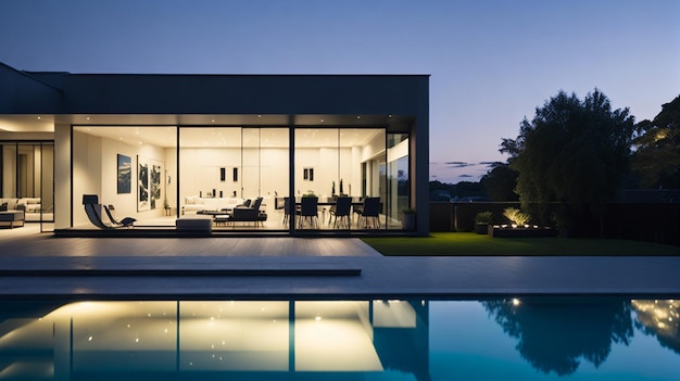 External view of a contemporary house with pool at dusk