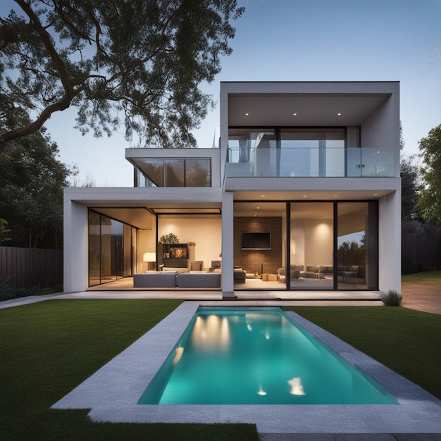 External view of a contemporary house with a pool in wallpaper