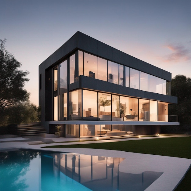 External view of a contemporary house with a pool in wallpaper