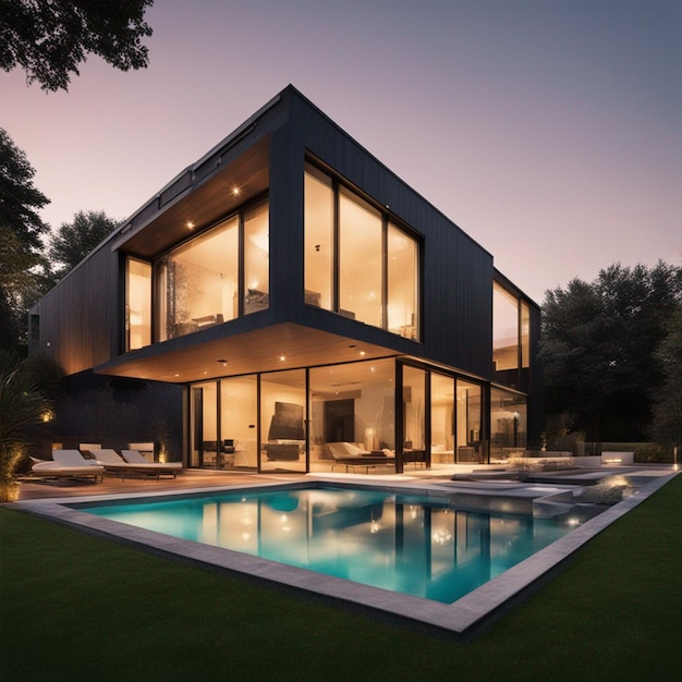 External view of a contemporary house with a pool in wallpaper