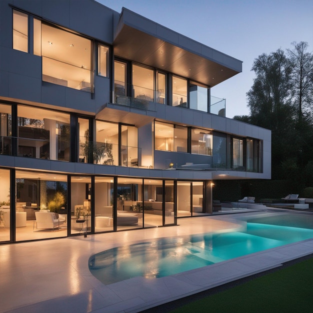 Внешний вид современного дома с бассейном в обоях