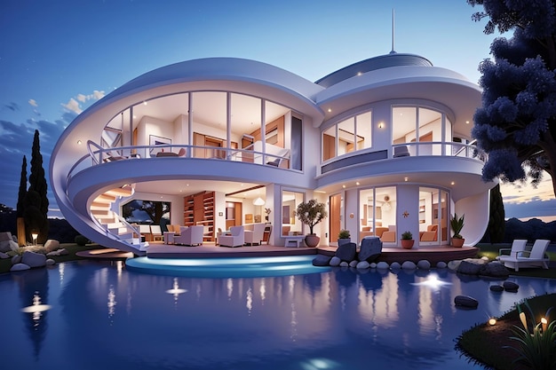 Внешний вид современного дома мечты с бассейном в сумерках
