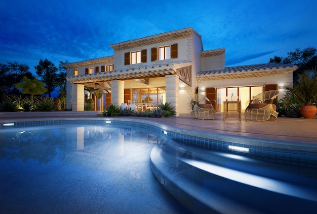 External view of a modern house with pool at dusk