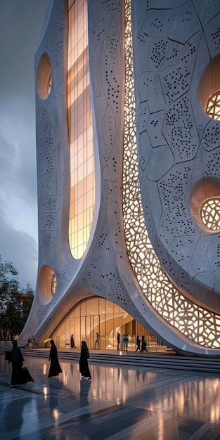 external view of a modern mosque at night with people moving in front of and around it