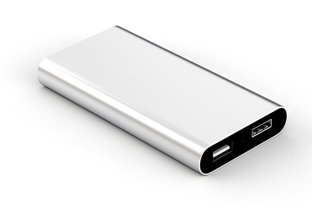 Externe powerbank voor het opladen van apparaten geïsoleerd op een witte achtergrond