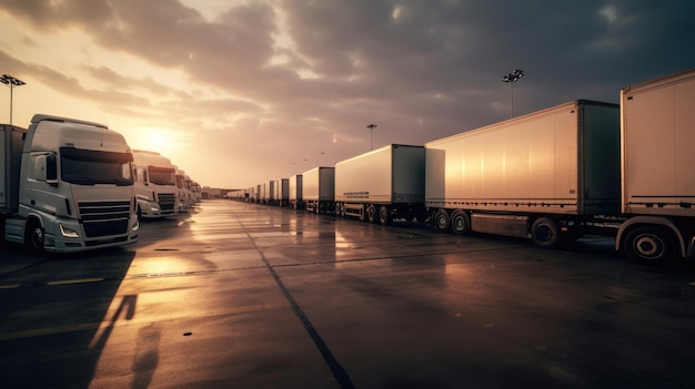 Foto externe vrachtwagens van het distributielager staan in rij voor het laden en lossen van zendingen