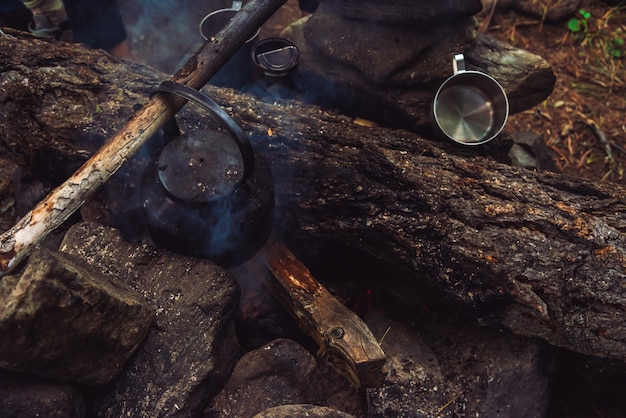 Extinguished bonfire with kettle on large firewood