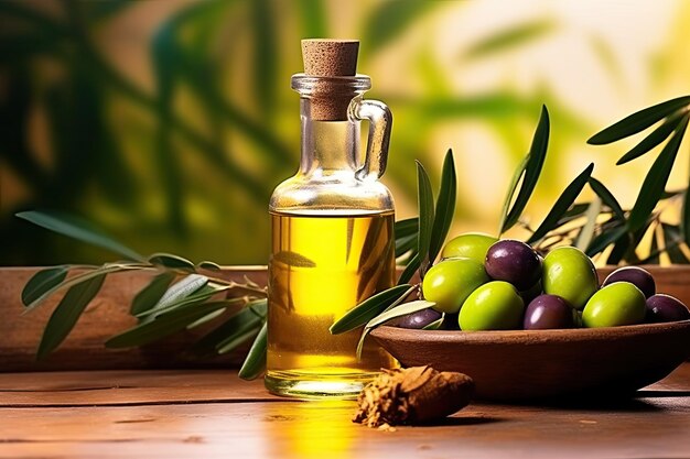 extra vergine olijfolie stroomt op een houten schaal vol groene olijven