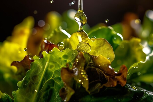 extra virgin olive oil being drizzled onto a vibrant green salad