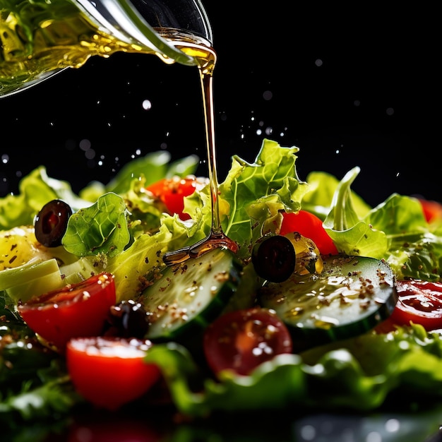 extra virgin olive oil being drizzled onto a vibrant green salad