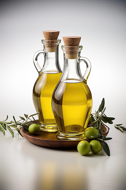 写真 エクストラバージンオリーブオイル (extra virgin olive oil) は緑のオリーブで満たされた木製の鉢に流れます