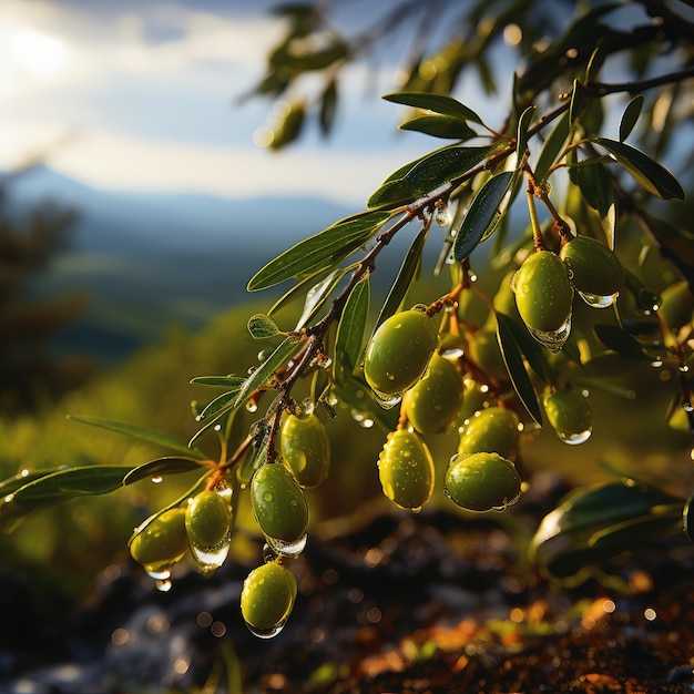 extra virgin olive oil flows on a wooden bowl full of green olives