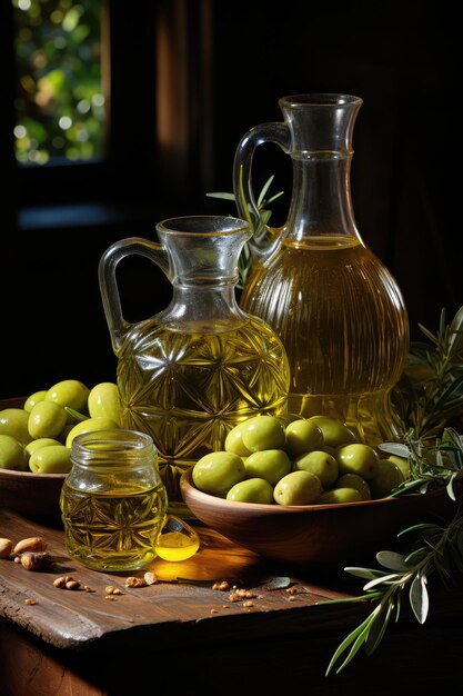 extra virgin olive oil flows on a wooden bowl full of green olives