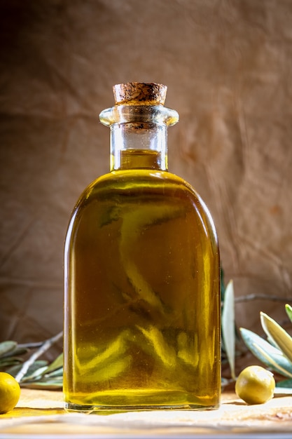 Extra virgin olive oil in glass bottle.