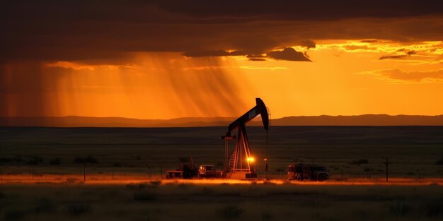 Extraction pumps in an oil field at dusk