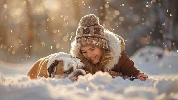 An extraordinarily beautiful girl playing in the snow with a bulldog