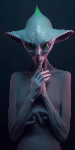 An extraordinary portrait of unknown adorable alien species over an alien finger a style of high alien fashion