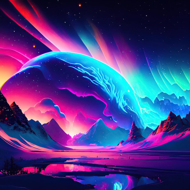 Extraordinary skies with auroras suns moons giant fantastic colorful neon background