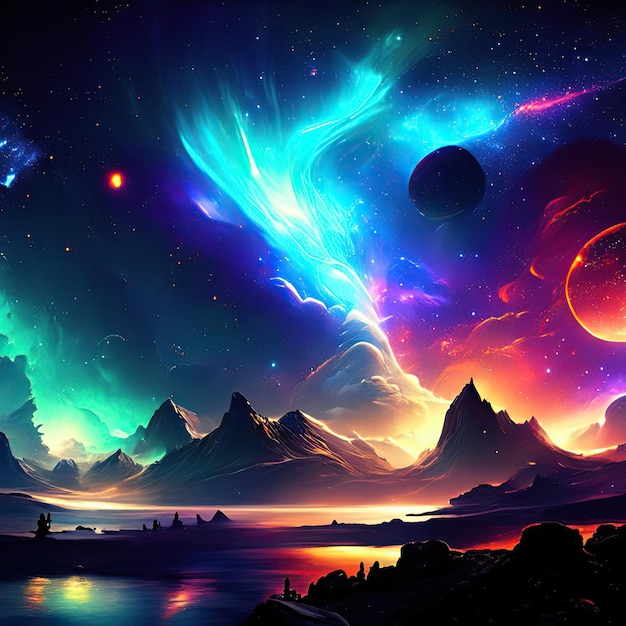 Extraordinary skies with auroras suns moons giant fantastic colorful neon background