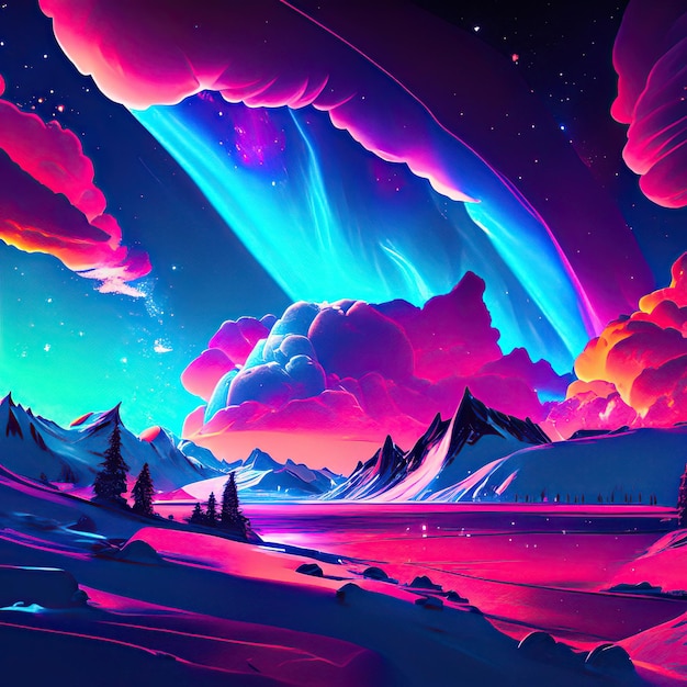 Extraordinary skies with auroras suns moons giant fantastic colorful neon background