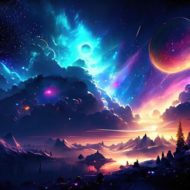 Extraordinary skies with auroras suns moons giant fantastic colorful neon background