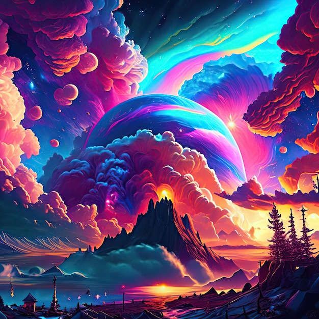 Extraordinary skies with auroras suns moons giant fantastic colorful neon background