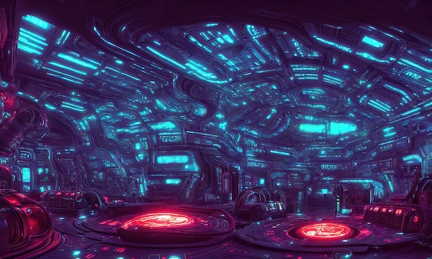 Extraterrestrial alien spaceship xenomorphs of extraterrestrial\
origin the interior of the spacecraft the control panel long\
corridors 3d illustration