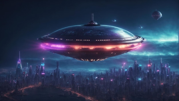 Внеземная встреча с инопланетным космическим кораблем парит над футуристическим городским пейзажем