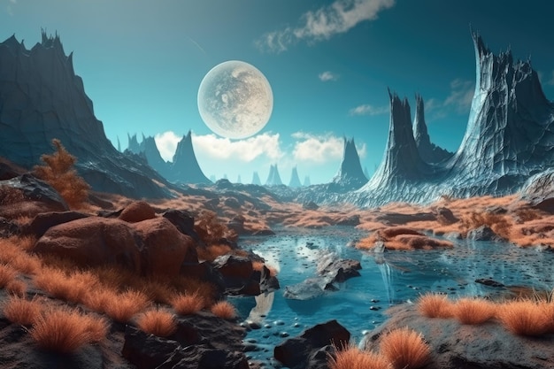 An extraterrestrial scenery with a mountainous landscape and a serene body of water