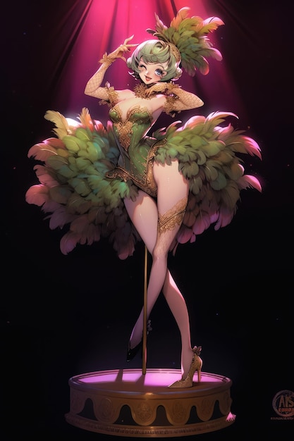 The Extravagant Dance of Lola A Las Vegas Showgirl's Flamboyant Kakapo Costume and Slim Anime Girl