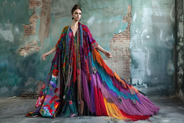 Extravagant maxi dress with bohemian fringes and vibrant prints