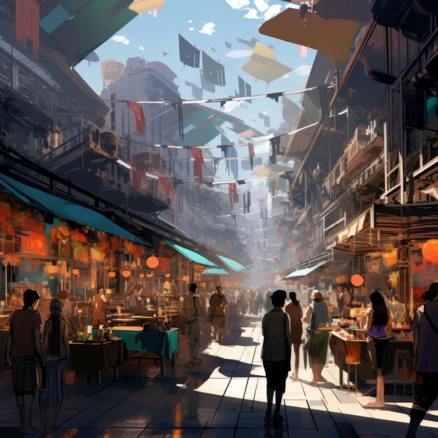 The Extravagant Metropolis A Vibrant Tapestry of Textures in a Futuristic Street Market