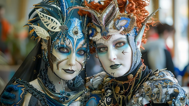 Extravagante fantasie make-up en uitgebreide kostuums op twee artiesten op een thema-evenement