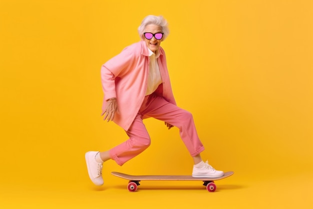 Extravagante funky oude vrouw op skateboard gemaakt met generatieve AI-technologie