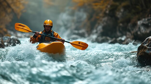 Extreem kajakken en wildwaterkajakken man die met een kajak een bergrivier peddelt Generatieve AI