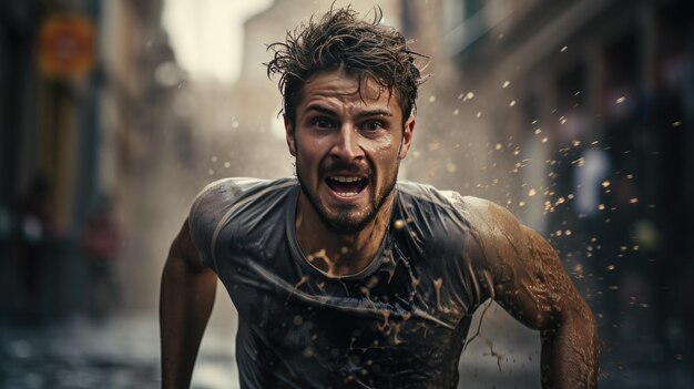 Foto atleta estremo corridore uomo in posizione di partenza all'aperto in un giorno di pioggia