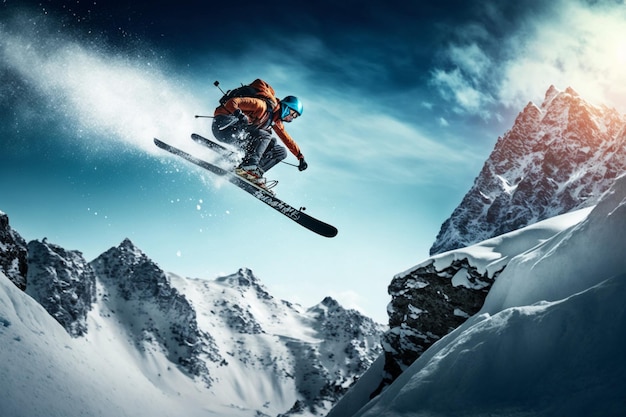 Photo extreme athlete sports ski jump on mountain generate ai