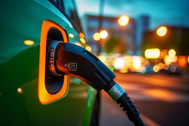 extreme close-up foto van een elektrische auto die oplaadt bij een tankstation