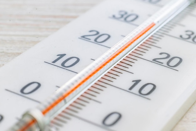 Extreme close up macro of white plastic thermometer scale on wooden surface