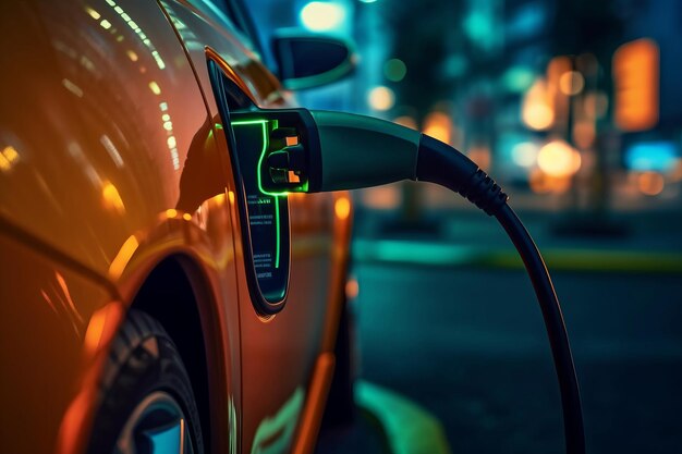 extreme close up photo of an electrical car charging at a gas station