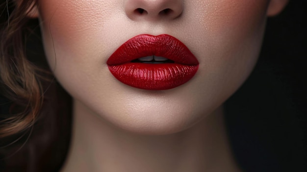 Extreme close up photo of full plump bright red female lips Mouth clothed Lip matte lipstick