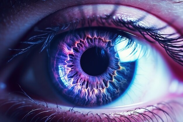 マクロレンズで撮影された青い人間の目と紫の背景の極端なクローズアップ写真