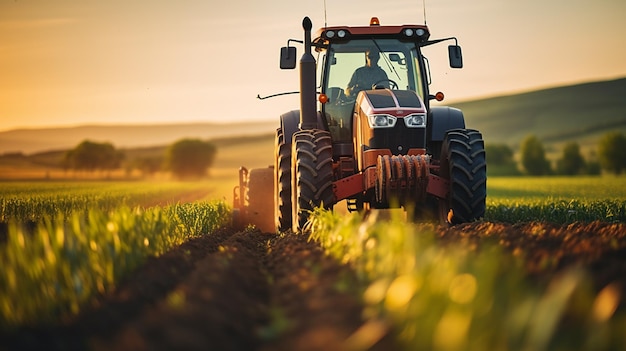 Extreme close up of a tractor tractor working on a plantation at sunset day