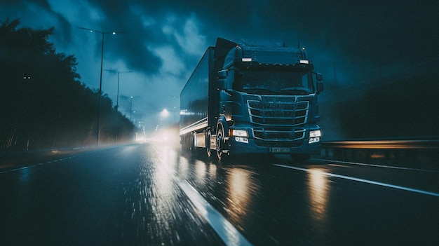 夜に高速道路を走るトラックの極端なクローズアップ